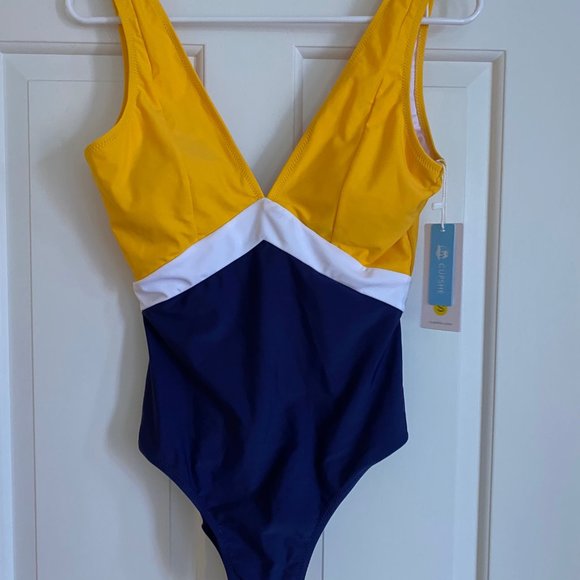 CUPSHE Yellow Blue Colorblocked Open Back One-Piece Swimsuit Sexy V-neck - Picture 3 of 6